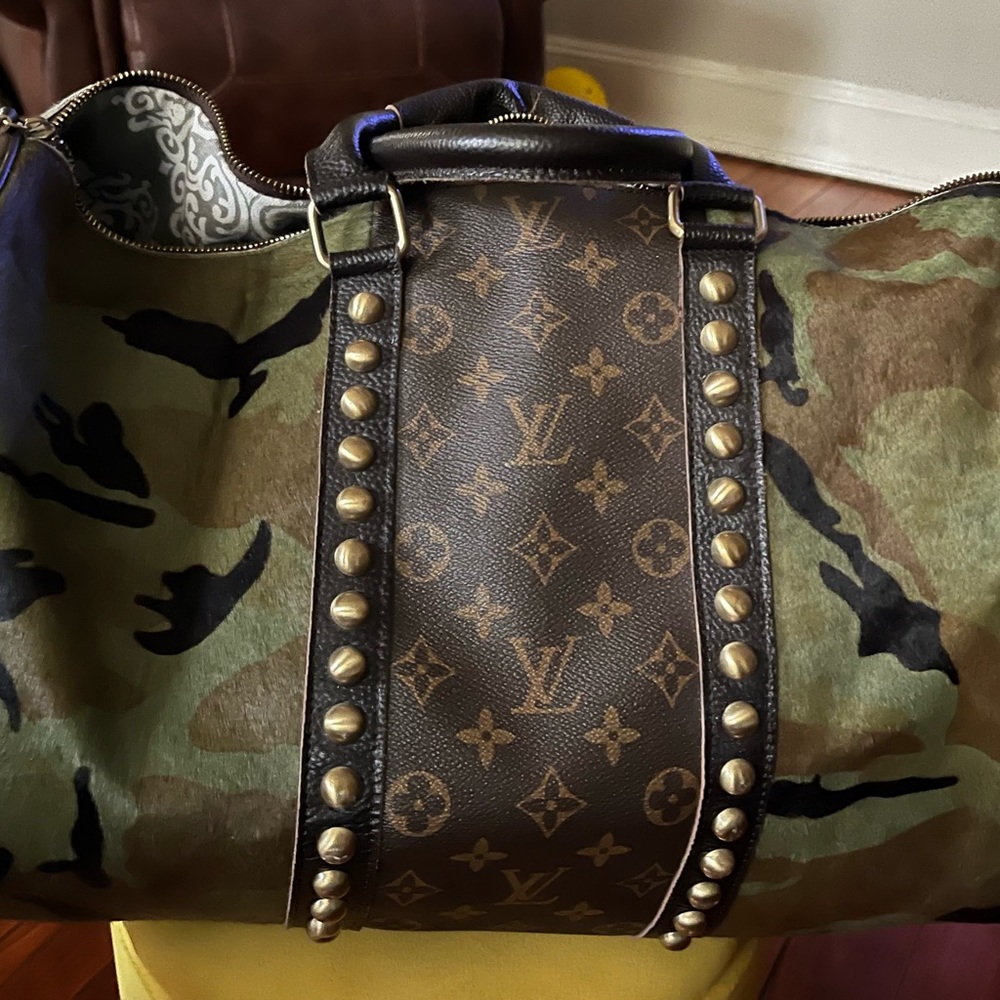 Ooak camo duffel with repurposed materials, gently used 19” w  11.5” h  7” d